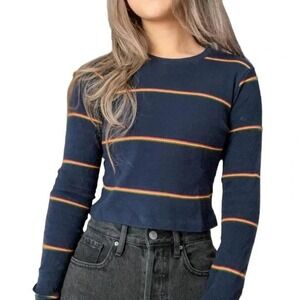 Brandy Melville Santana Navy Striped Long‎ Sleeve Crop Top Y2K Grunge Rasta Vibe